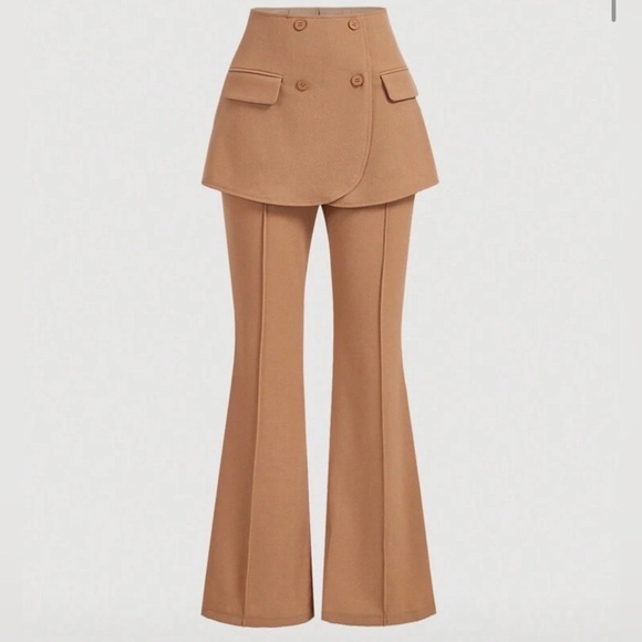 Pants - Statement Piece Camel Skirt Overlay Flare Pants High Waist Chic